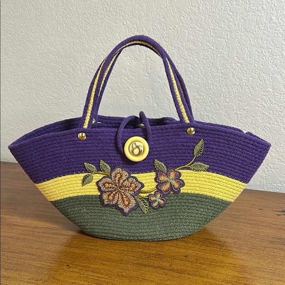 Unique Woven Rope Jute Bucket Floral Embroidered Purple and Green Handbag - Picture 16 of 16